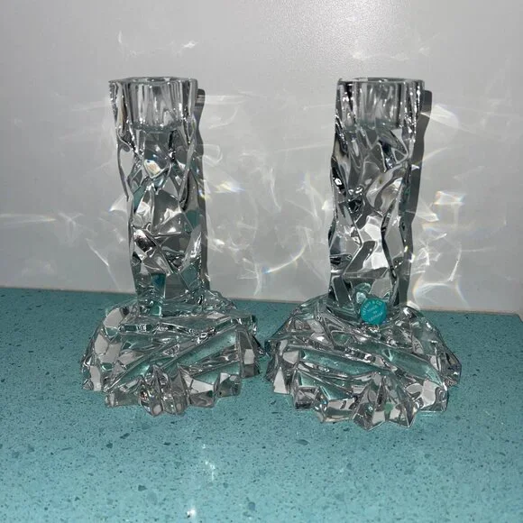 Tiffany Vintage MCM Candlesticks Rock Cut Crystal Set of 2 Collectible Decor - Picture 2 of 7
